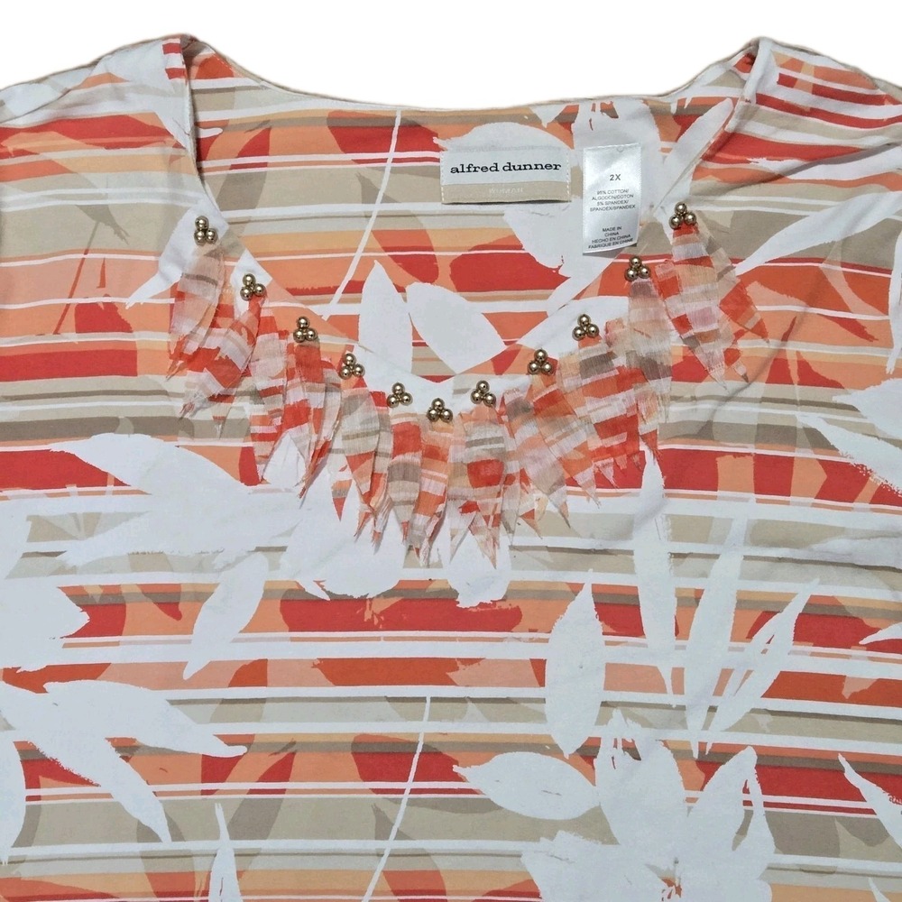 Alfred Dunner Woman Shirt Stretch Orange Stripe Floral Stud Fringe Collar Sz 2x - Picture 4 of 12